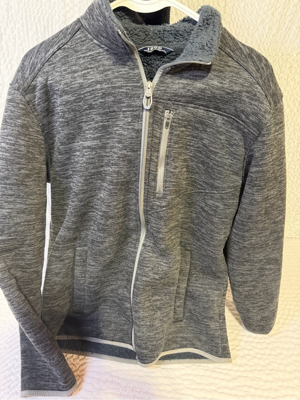 Izod Men's Heather Gray Full-Zip Sherpa-Lined Sweater Jacket